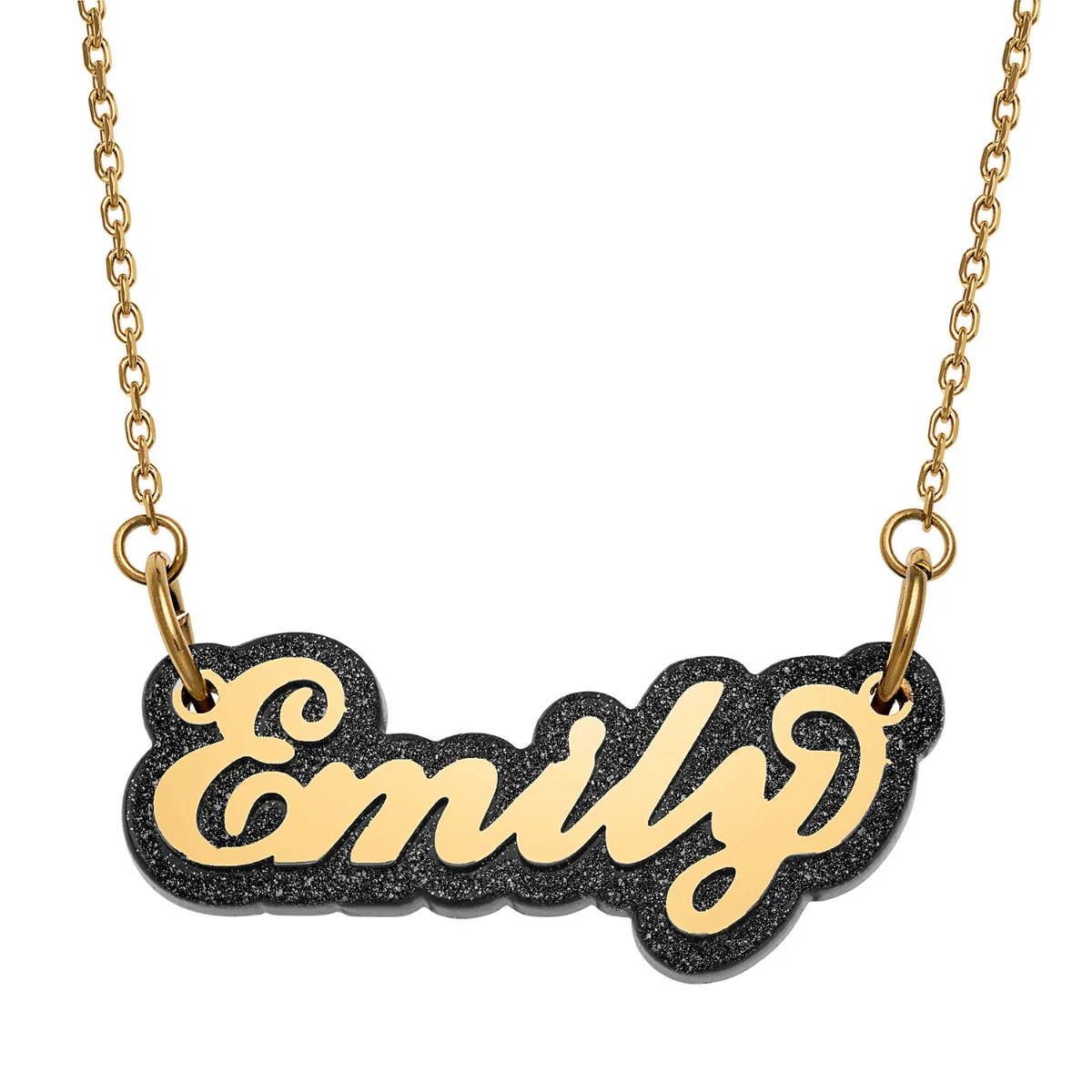Stainless Steel Name On Glittery Black Plaque Necklace - Image 5