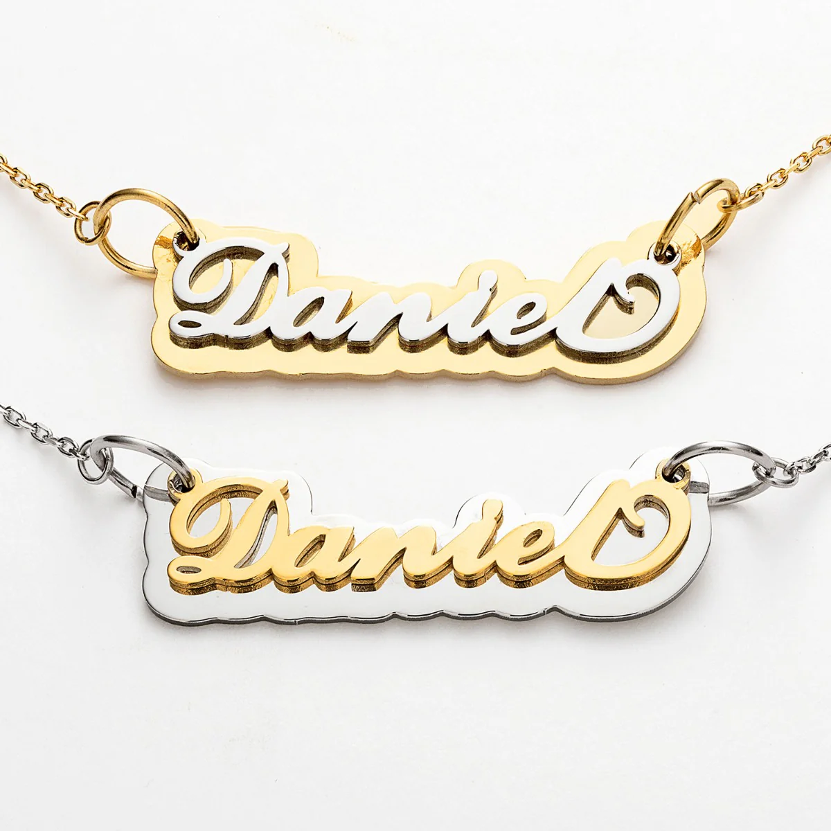 Silver Stainless Steel Name on Mirrored Gold Plaque Necklace - Image 4