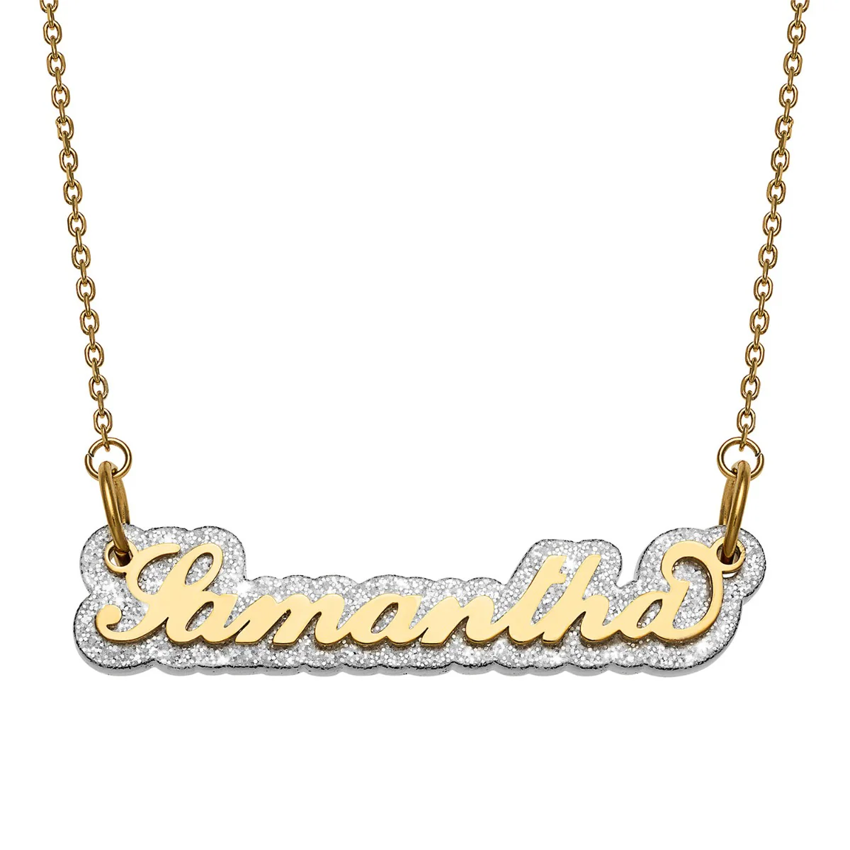 Stainless Steel Name on Silver Glittery Plaque Necklace - Image 4