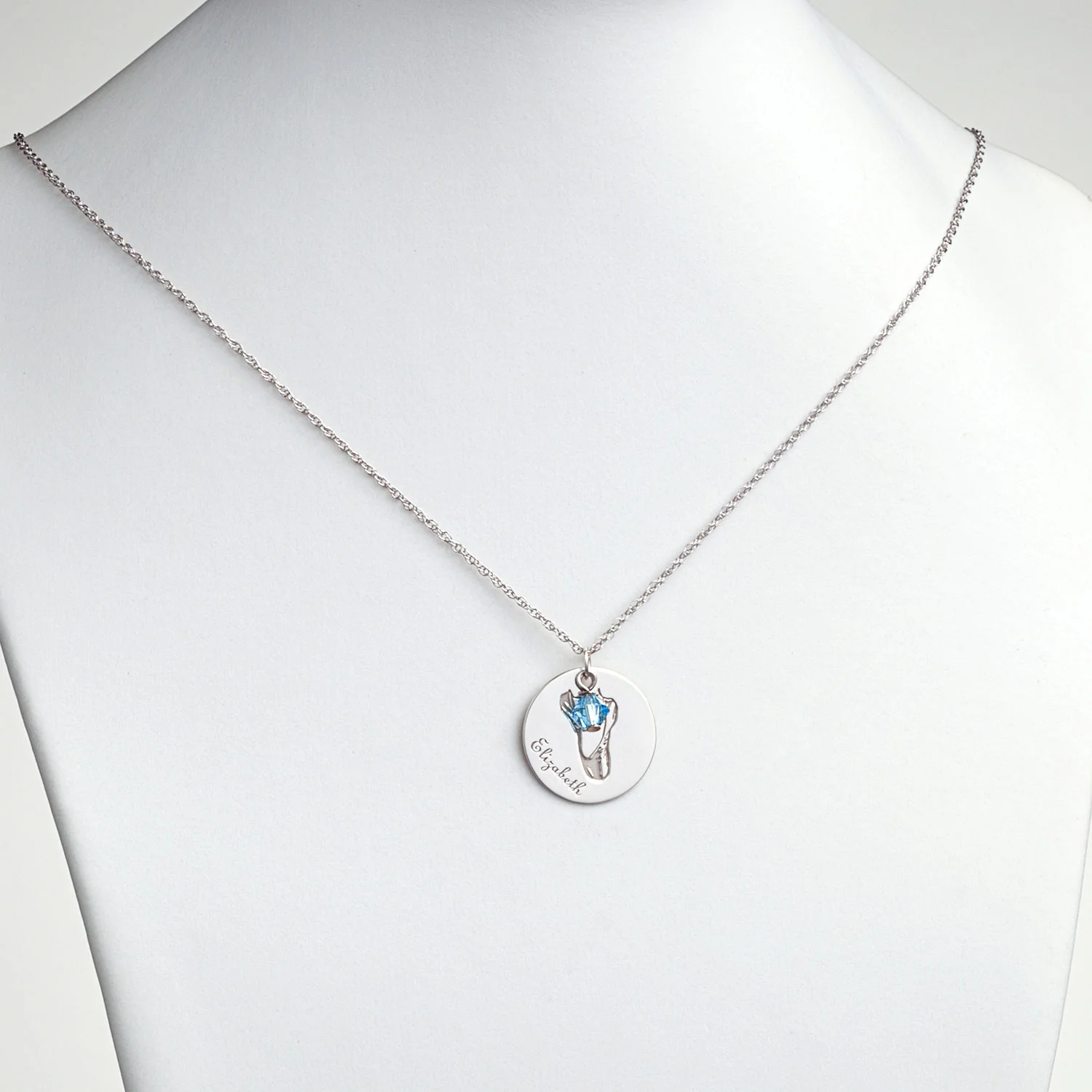 Sterling Silver Ballet Slippers Engravable Name and Birthstone Pendant - Image 4