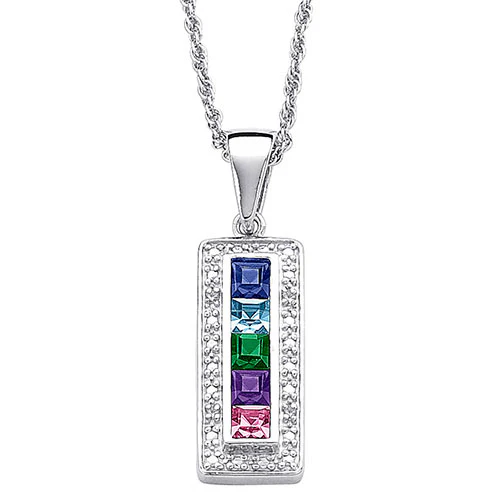 Sterling Silver Genuine Diamond and Birthstone Bar Necklace