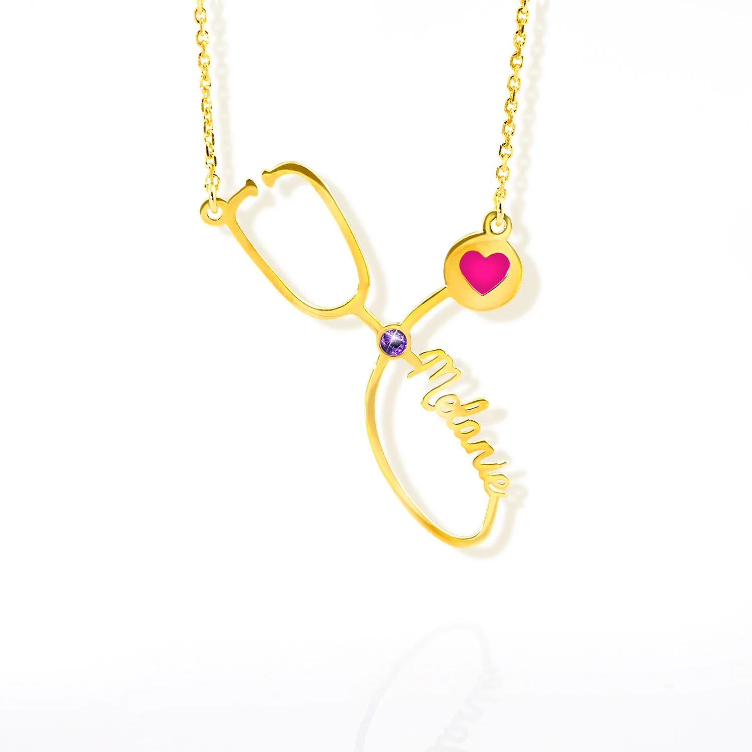 Sterling Silver Birthstone & Enamel Heart Script Name Stethoscope Necklace - Image 3