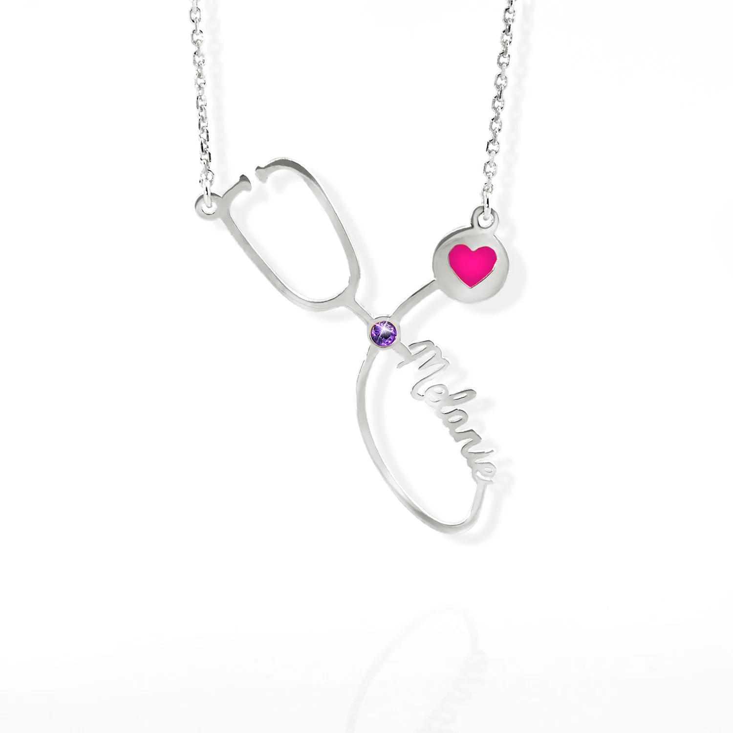 Sterling Silver Birthstone & Enamel Heart Script Name Stethoscope Necklace - Image 4