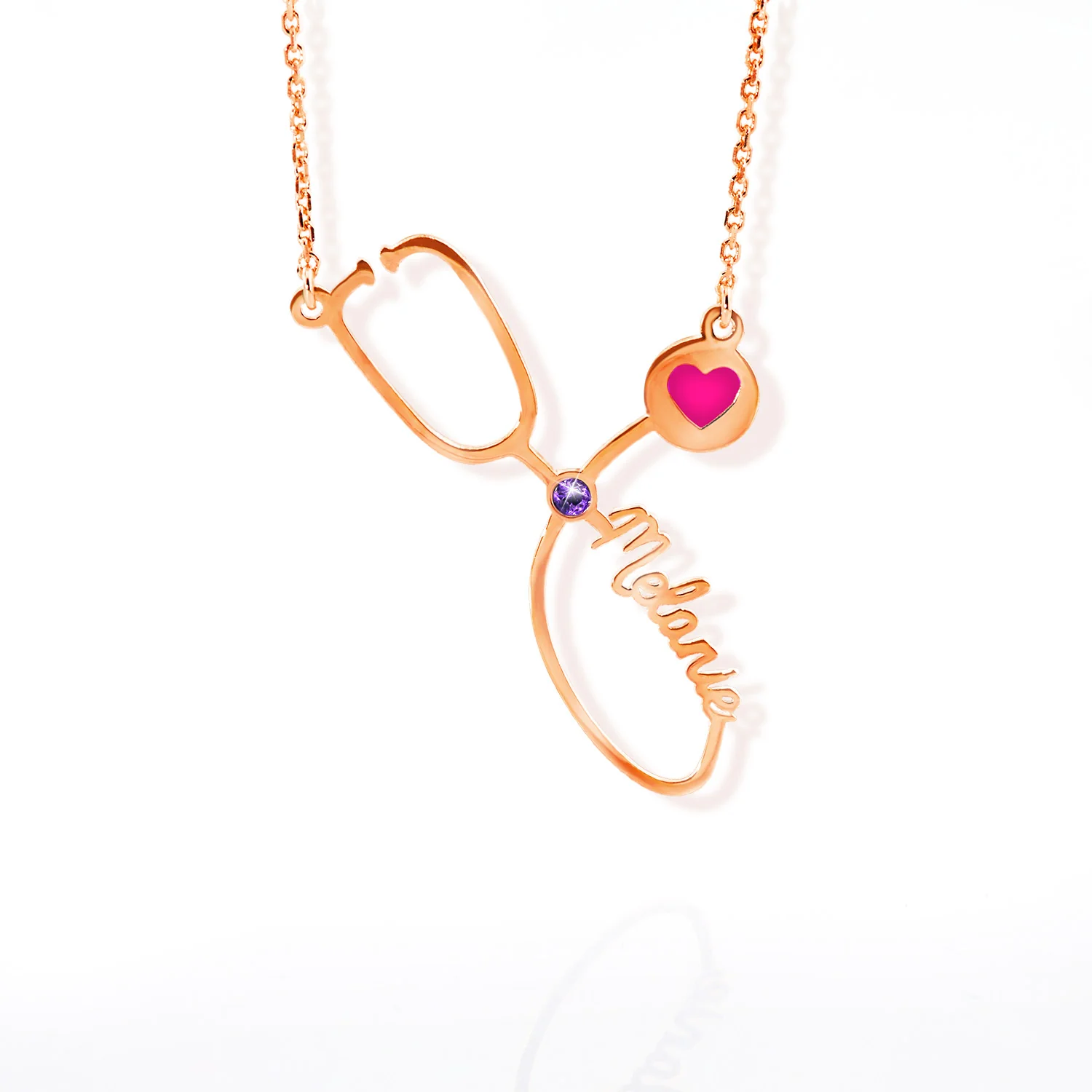 Sterling Silver Birthstone & Enamel Heart Script Name Stethoscope Necklace - Image 5