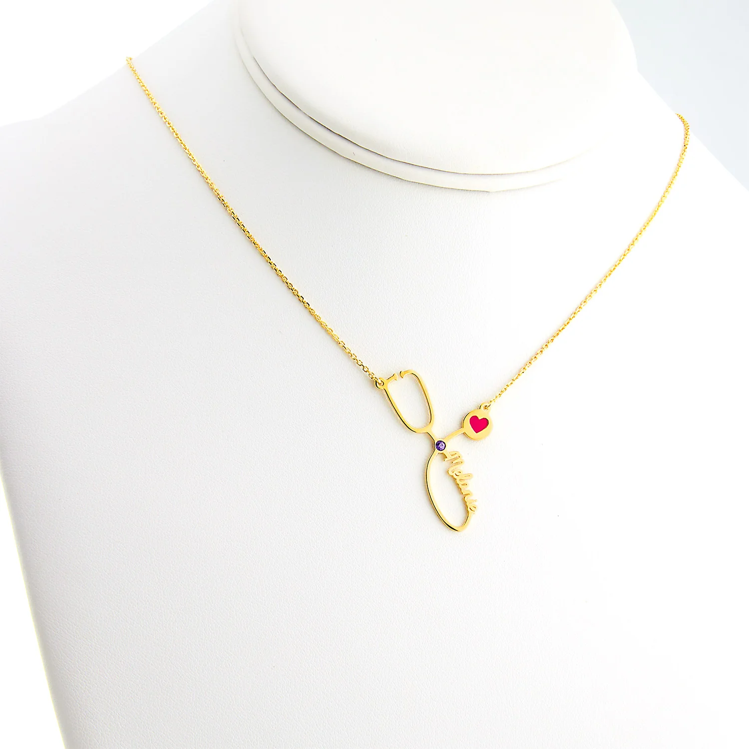 Sterling Silver Birthstone & Enamel Heart Script Name Stethoscope Necklace - Image 7