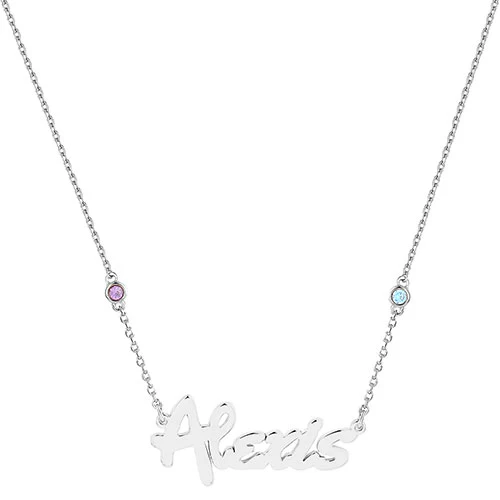 Sterling Silver Bold Script Name and Birthstone Necklace - Image 2