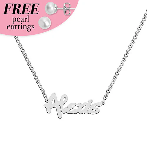 Sterling Silver Bold Script Name with Free Freshwater Pearl Earrings
