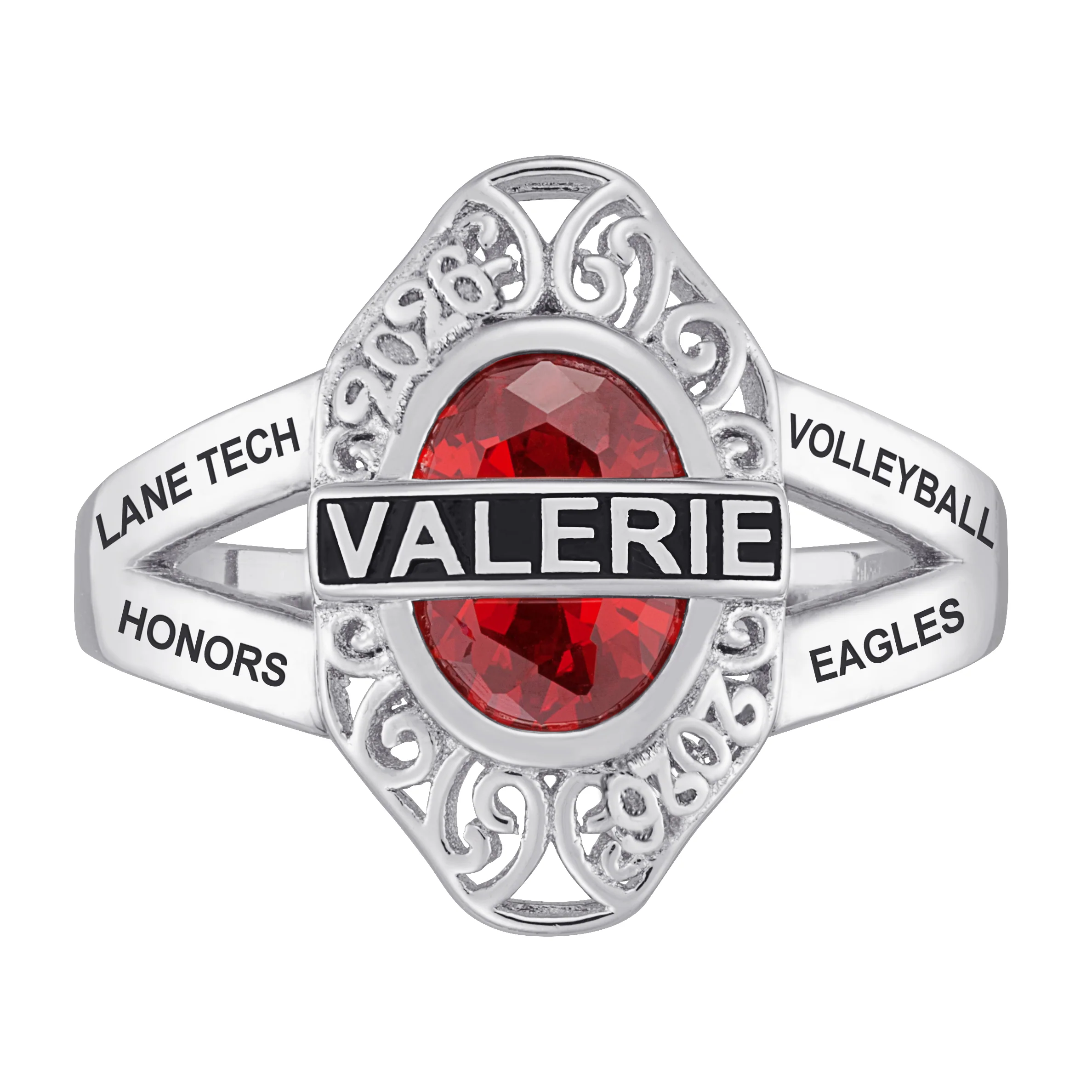 Sterling Silver Bridged Name Birthstone Class Ring with Filigree Hidden Year - Image 2