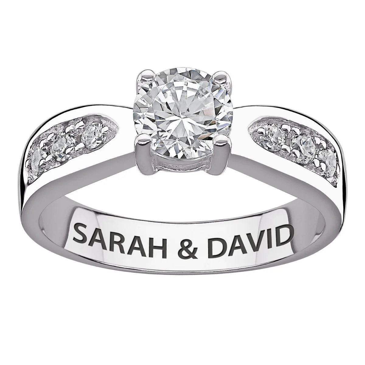 Sterling Silver Brilliant White Topaz Engraved Wedding Ring