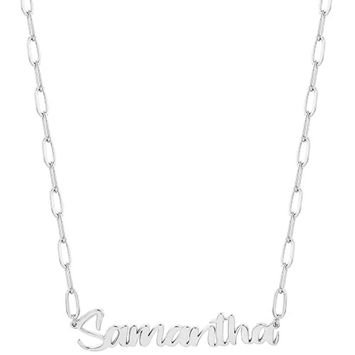 Sterling Silver Brush Script Name Paper Clip Chain Necklace - Image 2