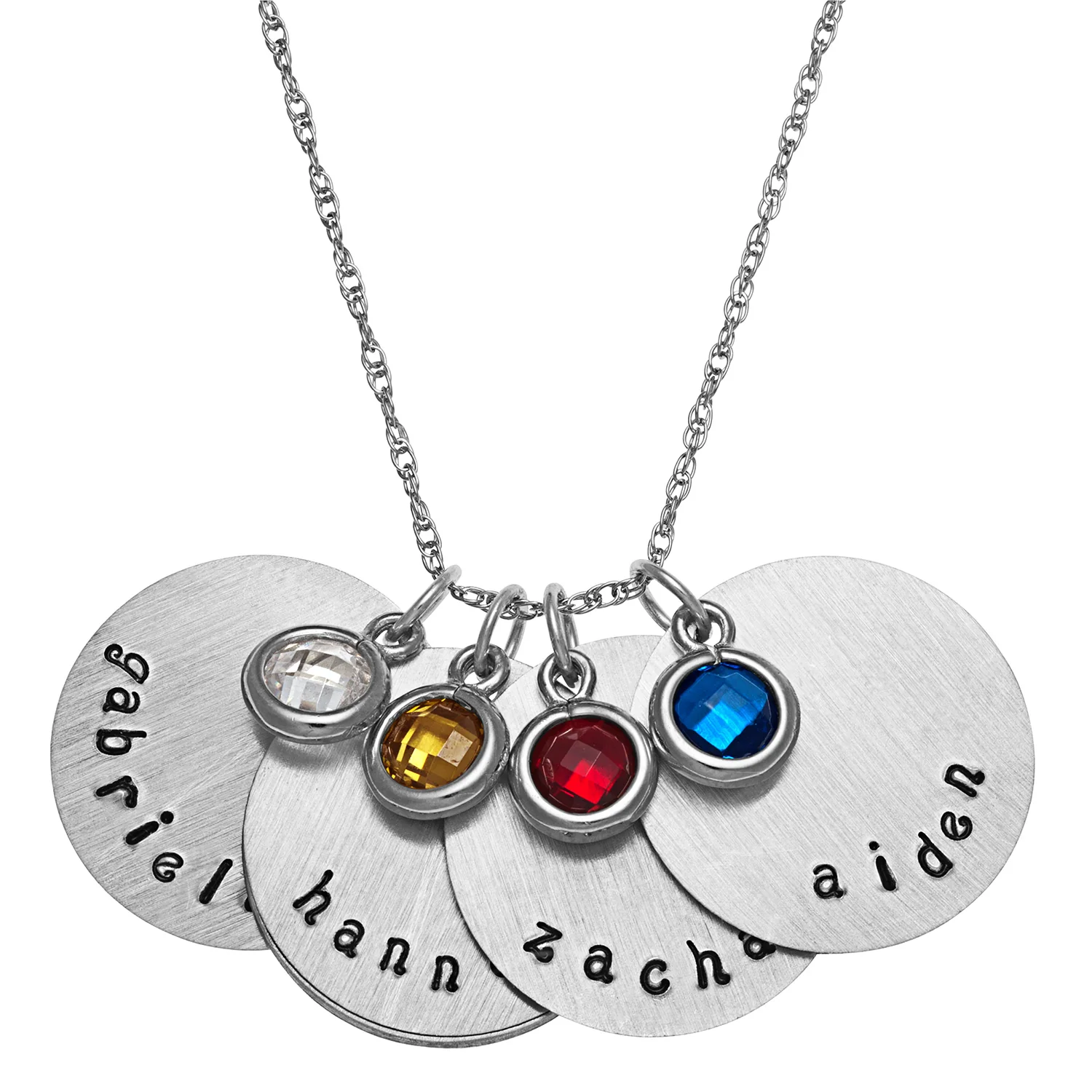 Sterling Silver Brushed Engraved Name and Birthstone 4 Disc Pendant