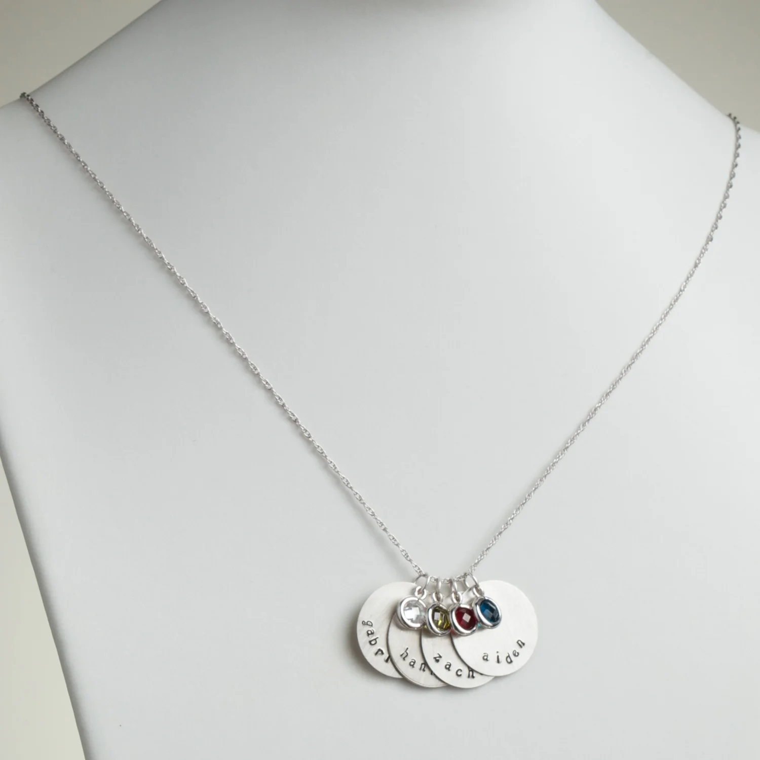 Sterling Silver Brushed Engraved Name and Birthstone 4 Disc Pendant - Image 2