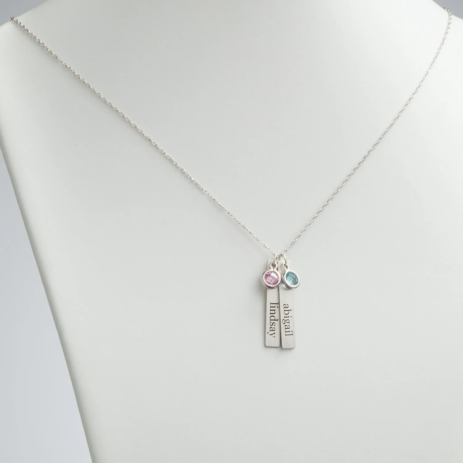 Sterling Silver Brushed Engraved Name with Birthstone 2 Tag Pendant - Image 2