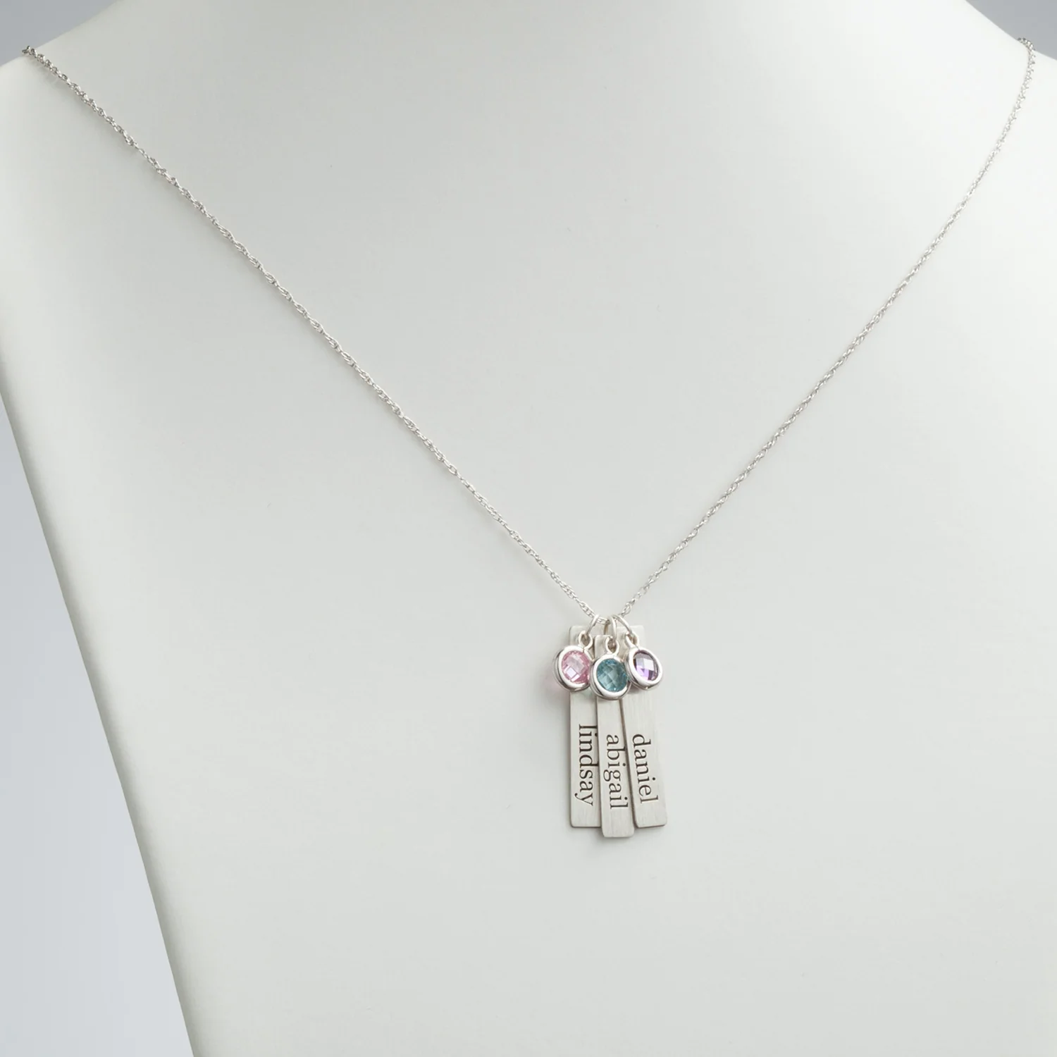 Sterling Silver Brushed Engraved Name with Birthstone 3 Tag Pendant - Image 2
