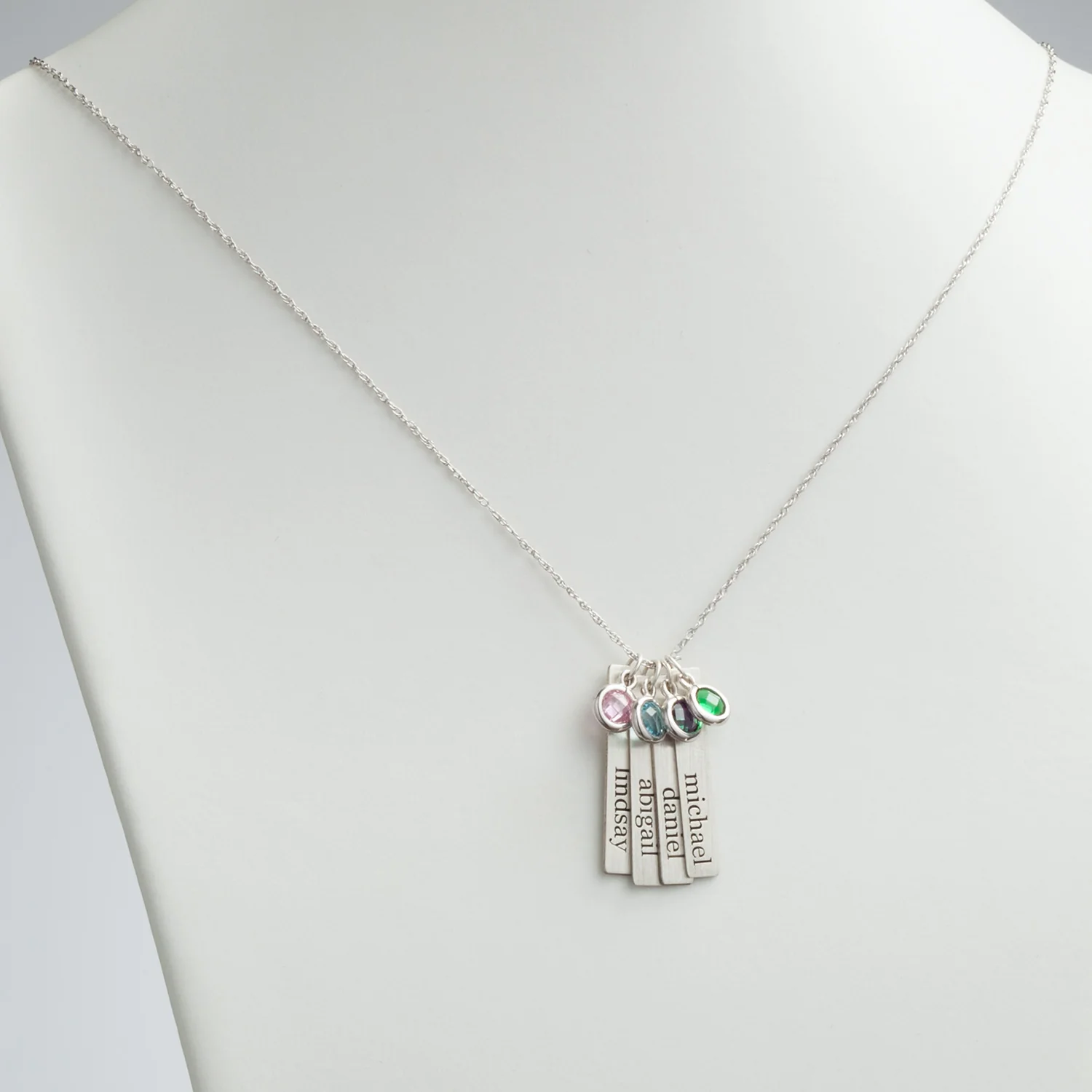 Sterling Silver Brushed Engraved Name with Birthstone 4 Tag Pendant - Image 2