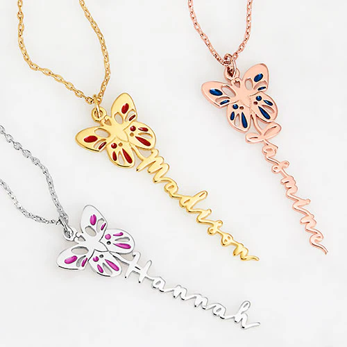 Sterling Silver Birthstone Enamel Butterfly Vertical Name Necklace
