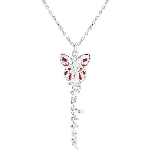 Sterling Silver Birthstone Enamel Butterfly Vertical Name Necklace - Image 2