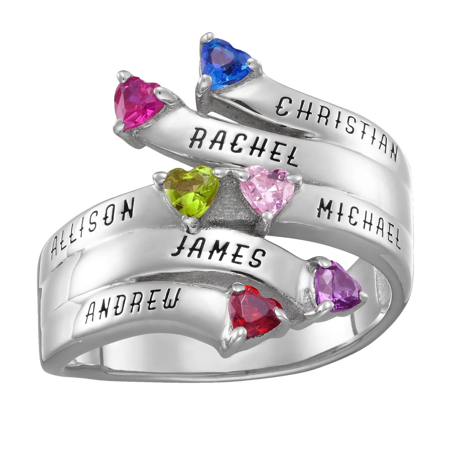Sterling Silver Bypass Heart Birthstone and Name Ring