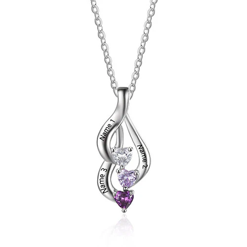 Sterling Silver Cascading Engraved Heart Birthtone Necklace - Image 2