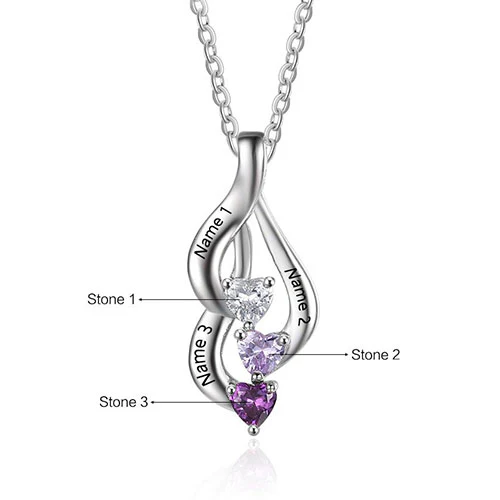 Sterling Silver Cascading Engraved Heart Birthtone Necklace - Image 3