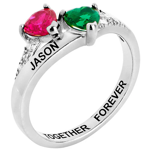 Sterling Silver Couple's Birthstone Heart Diamond Accent Ring - Image 2