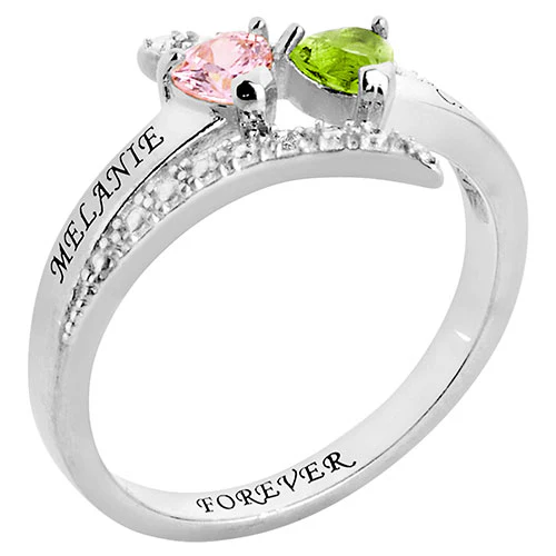 Sterling Silver Couple's Heart Birthstone Bypass Diamond Accent Ring - Image 2