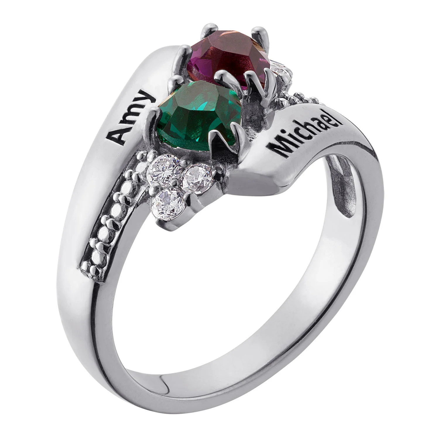 Sterling Silver Couples Crystal Heart Name and Birthstone Ring - Image 2