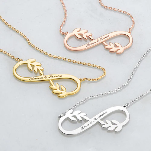 Sterling Silver Couples Engraved Infinity with Leaves Pendant