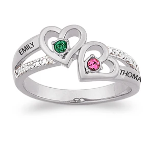 Sterling Silver Couples Genuine Birthstone & Diamond Name Ring