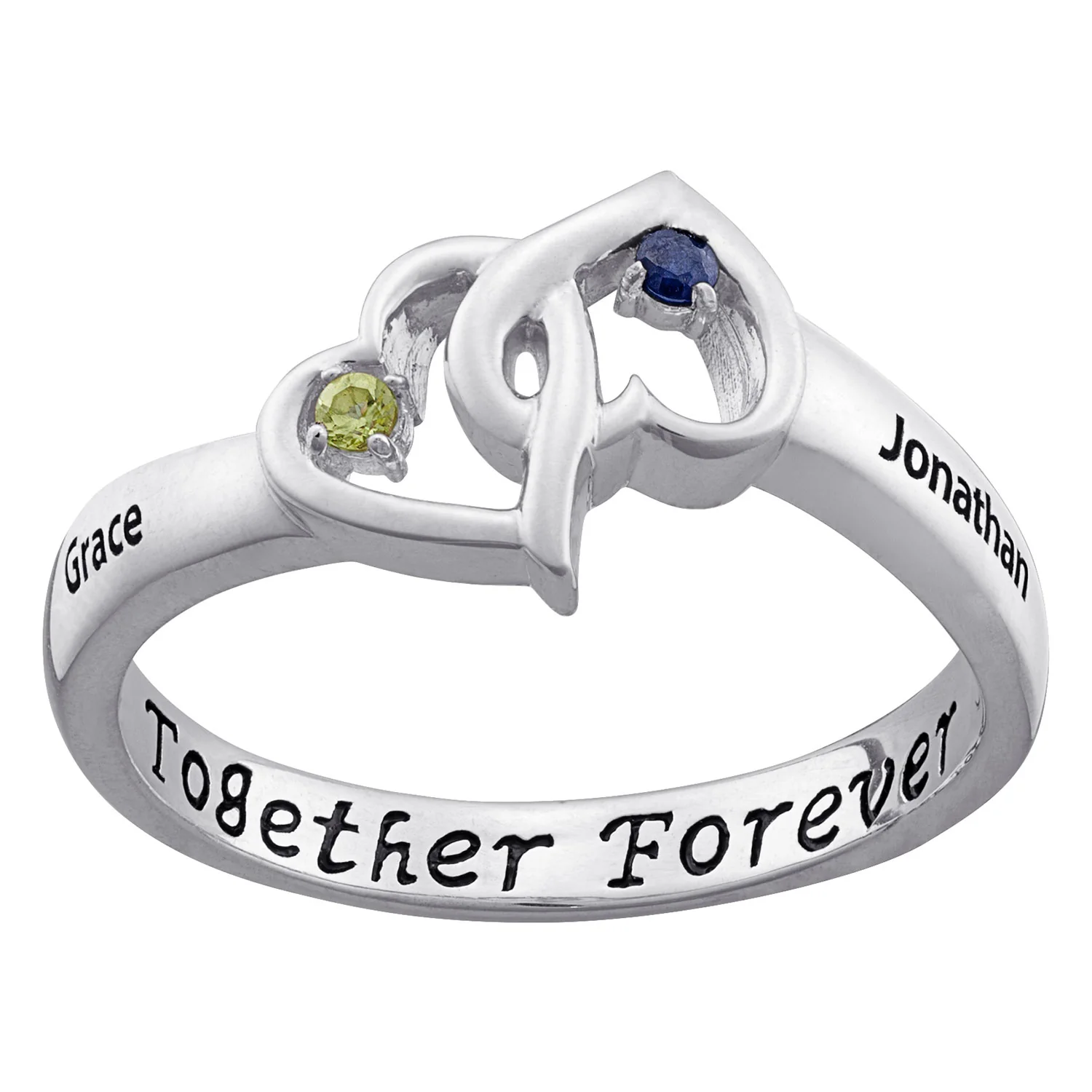 Sterling Silver Couples Intertwined Genuine Birthstone Hearts Name Ring