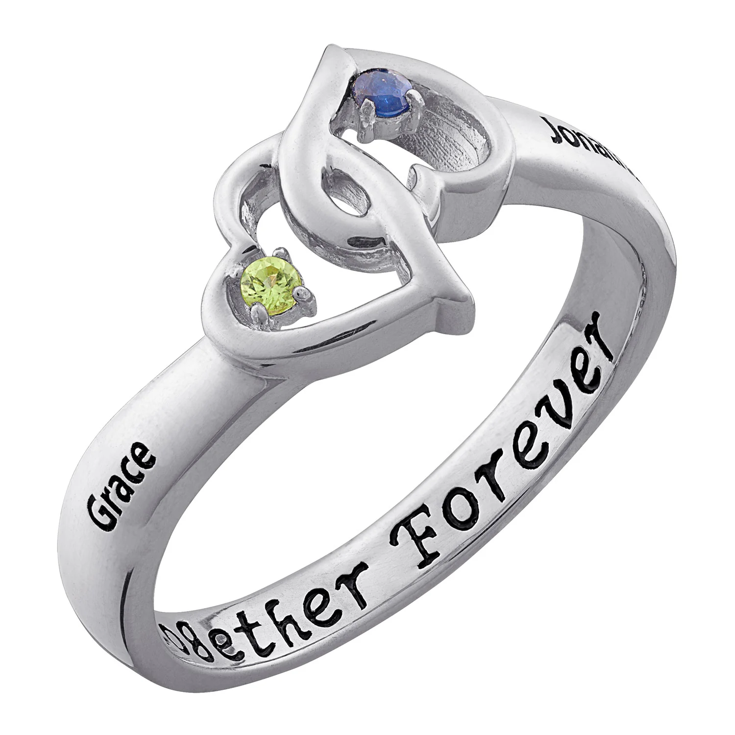 Sterling Silver Couples Intertwined Genuine Birthstone Hearts Name Ring - Image 2