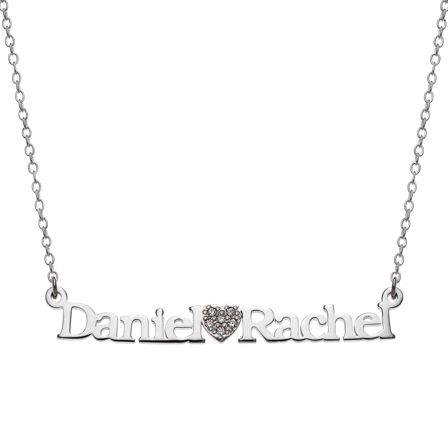 Sterling Silver Couples Name and Pave CZ Heart Necklace