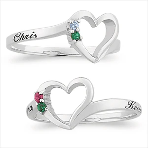 Sterling Silver Couple's Name & Birthstone Heart Ring - Image 2