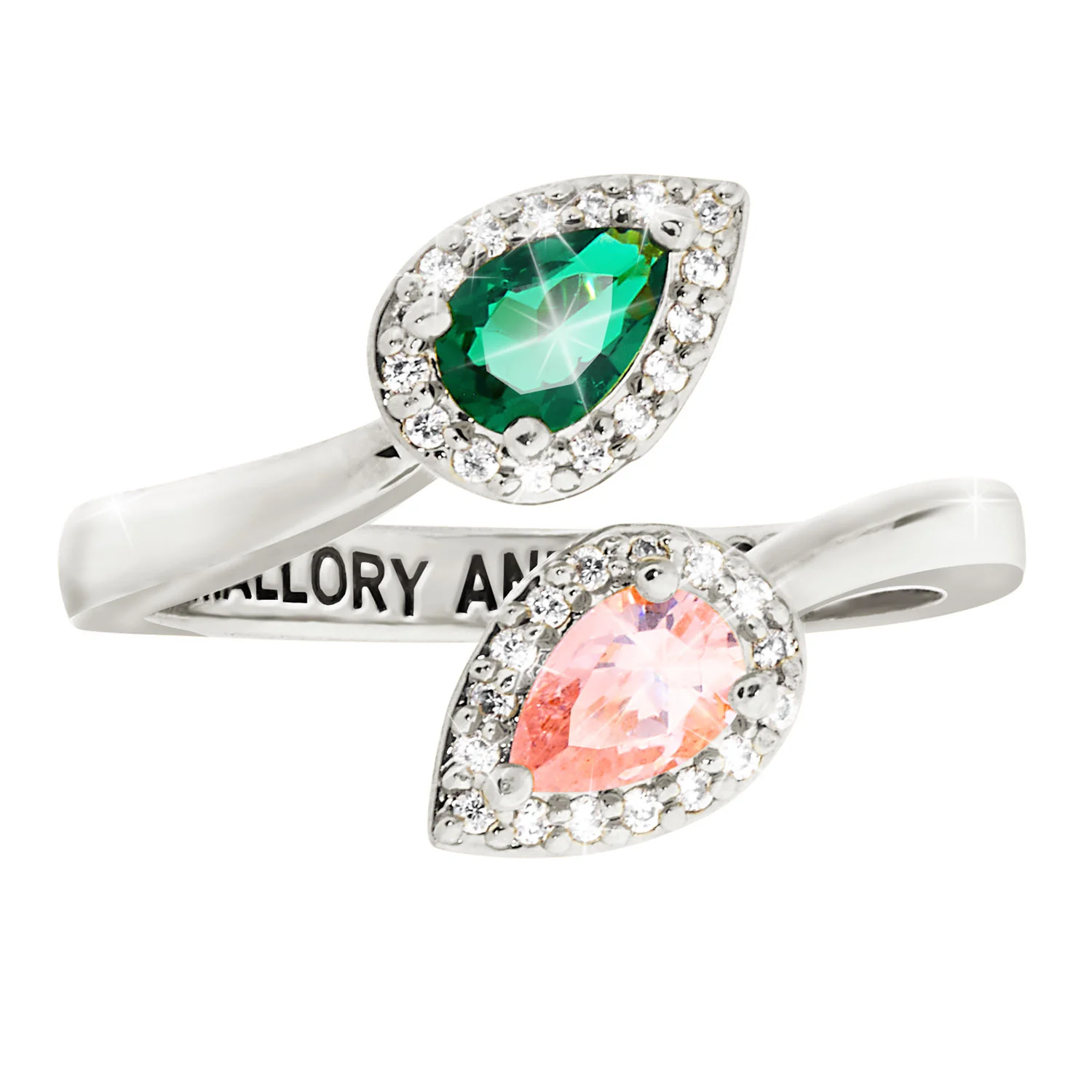 Sterling Silver Couple's Pear Birthstone CZ Halo Bypass Ring - Image 3