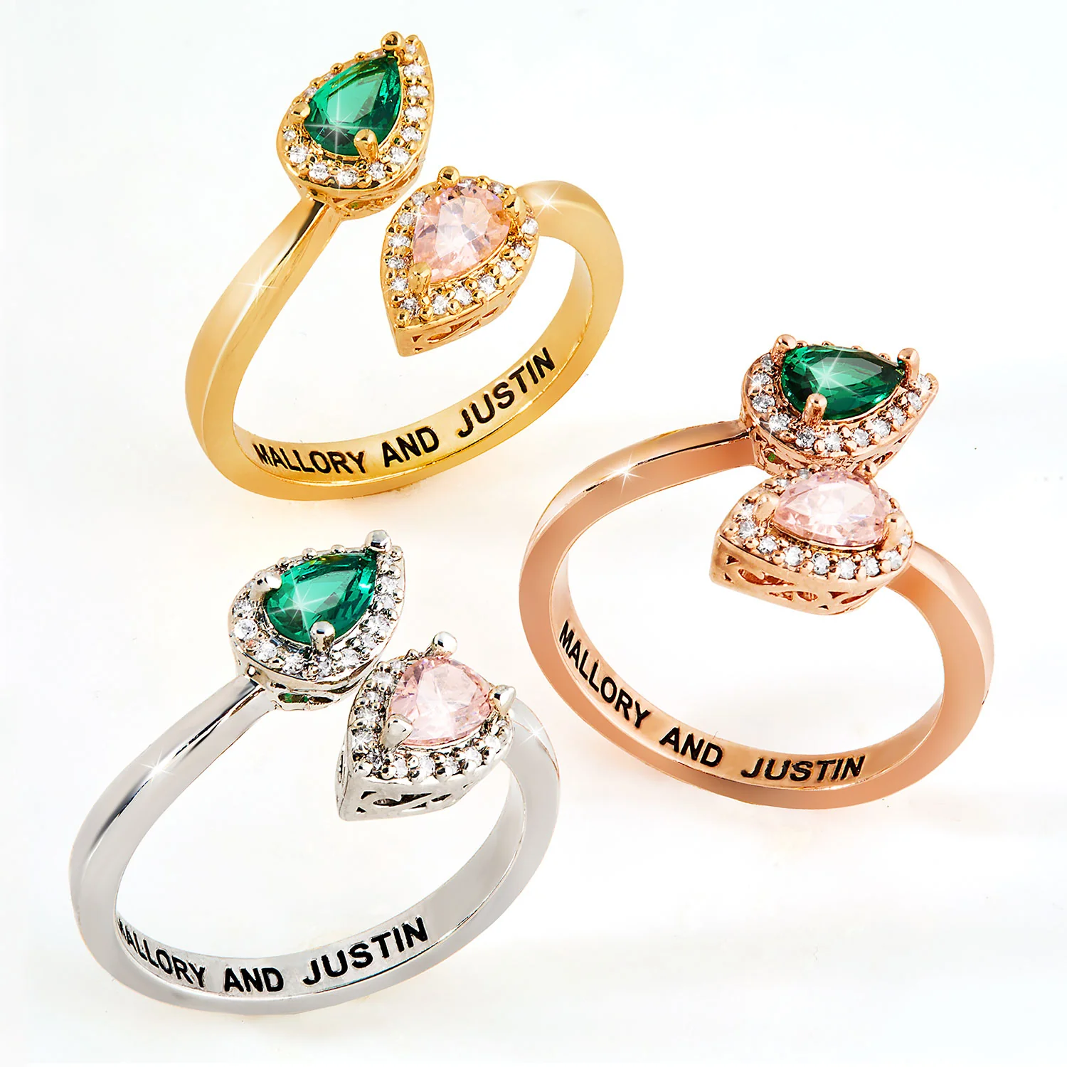 Sterling Silver Couple's Pear Birthstone CZ Halo Bypass Ring - Image 4