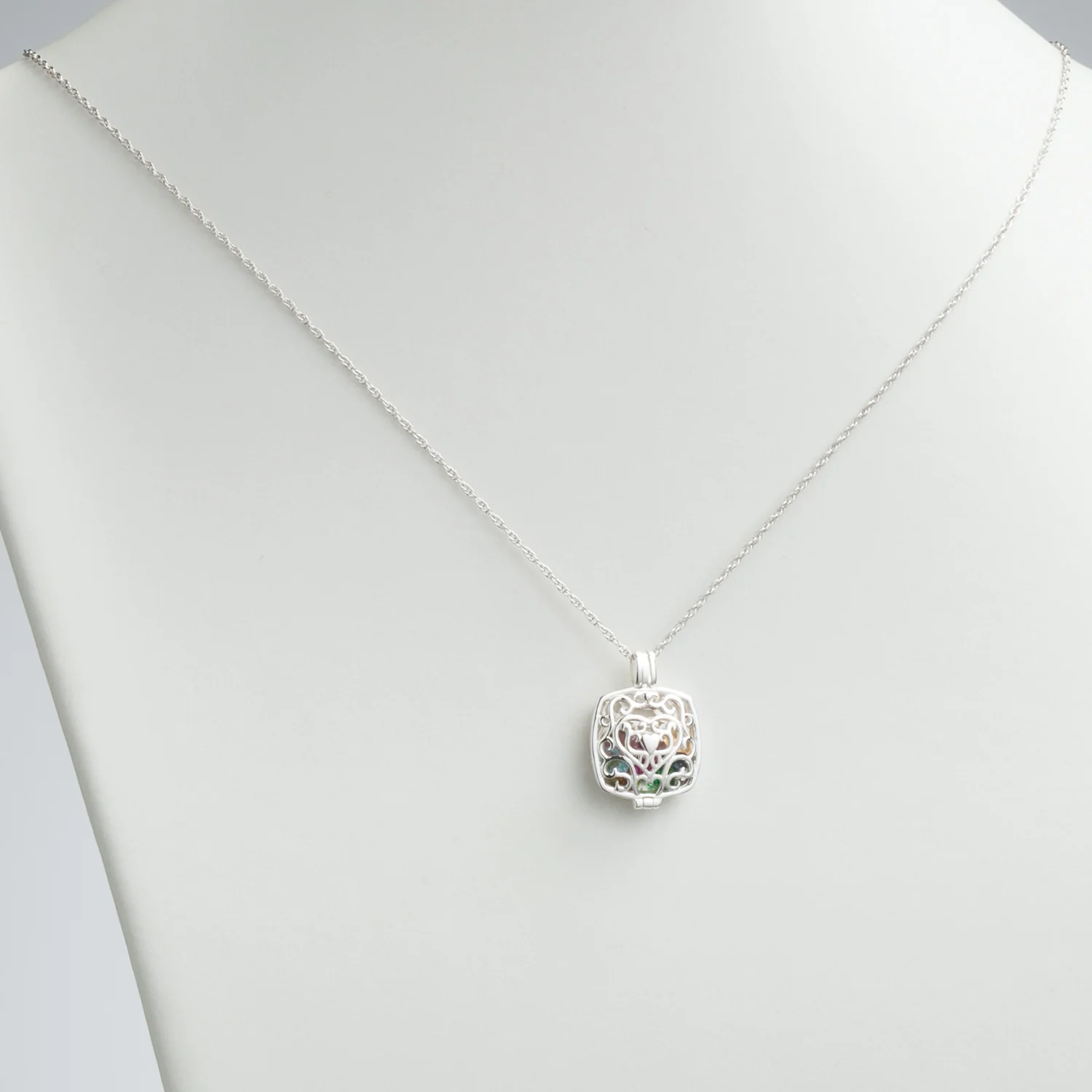 Sterling Silver Cushion Filigree Locket Birthstone Pendant - Image 3
