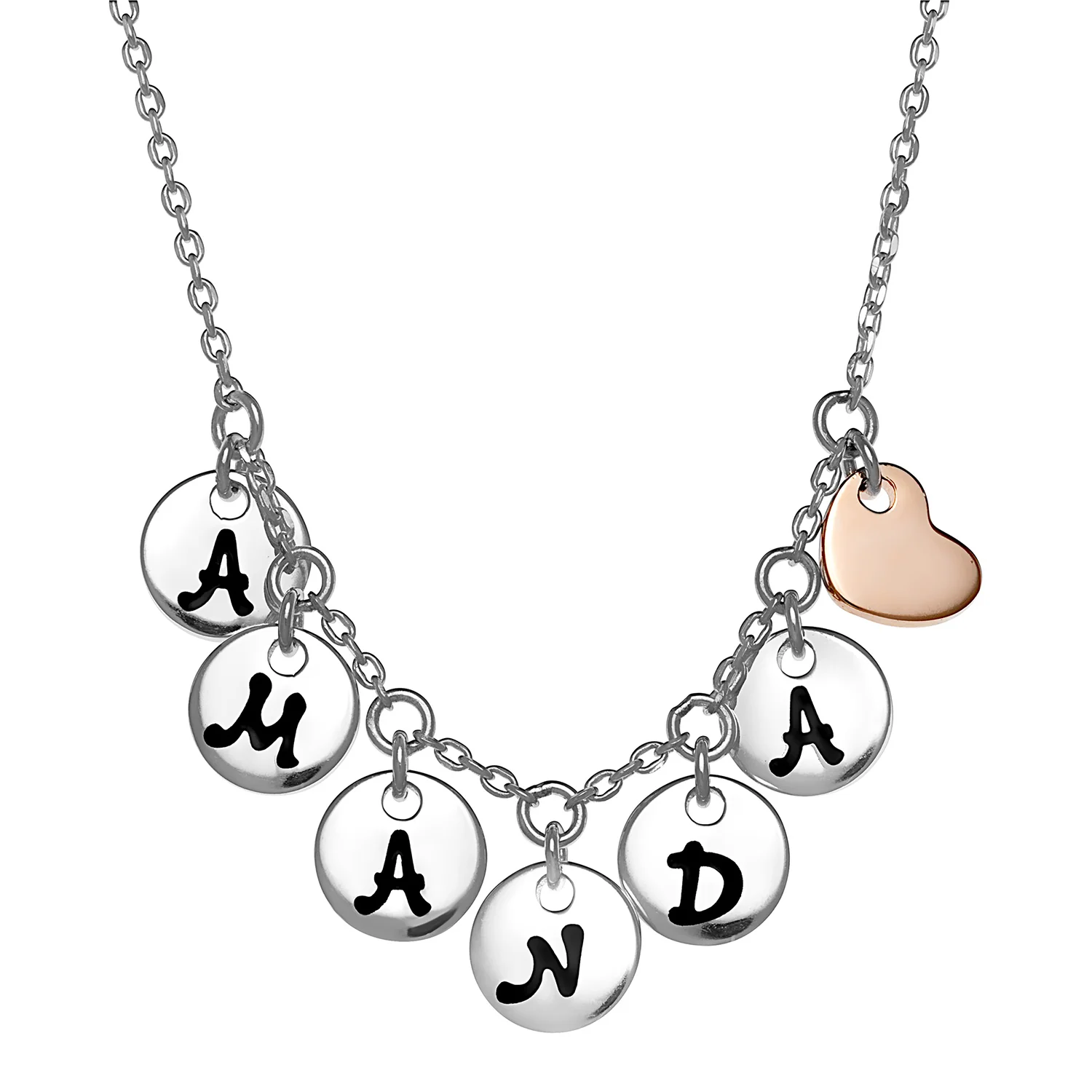 Sterling Silver Disc Name with 14K Rose Gold Plated Heart Charm Necklace