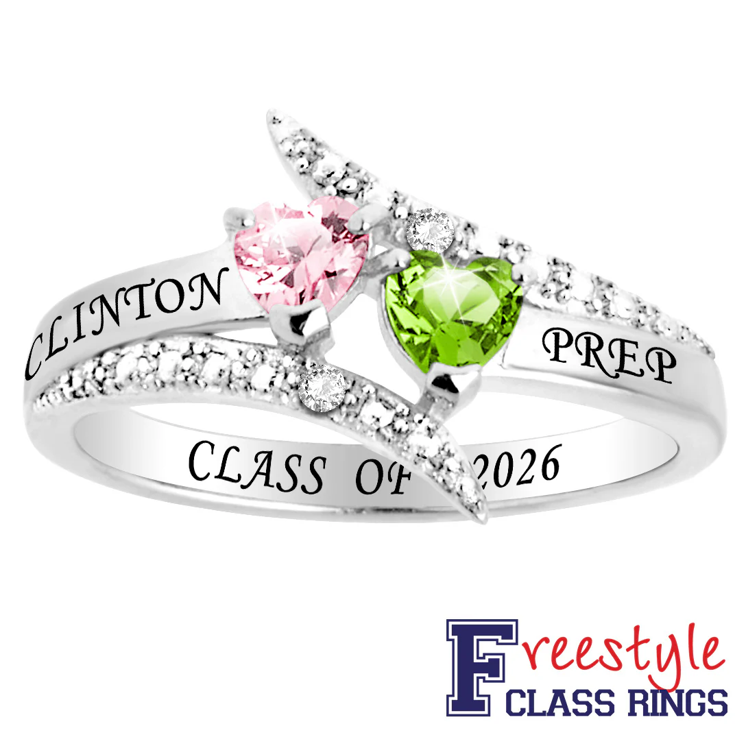 Sterling Silver Double Heart Birthstone Bypass Diamond Accent Class Ring
