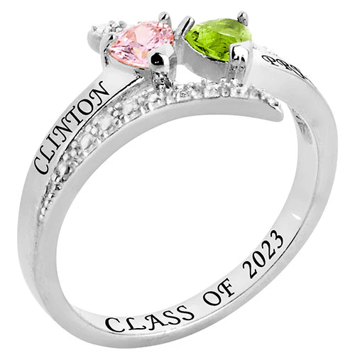Sterling Silver Double Heart Birthstone Bypass Diamond Accent Class Ring - Image 2