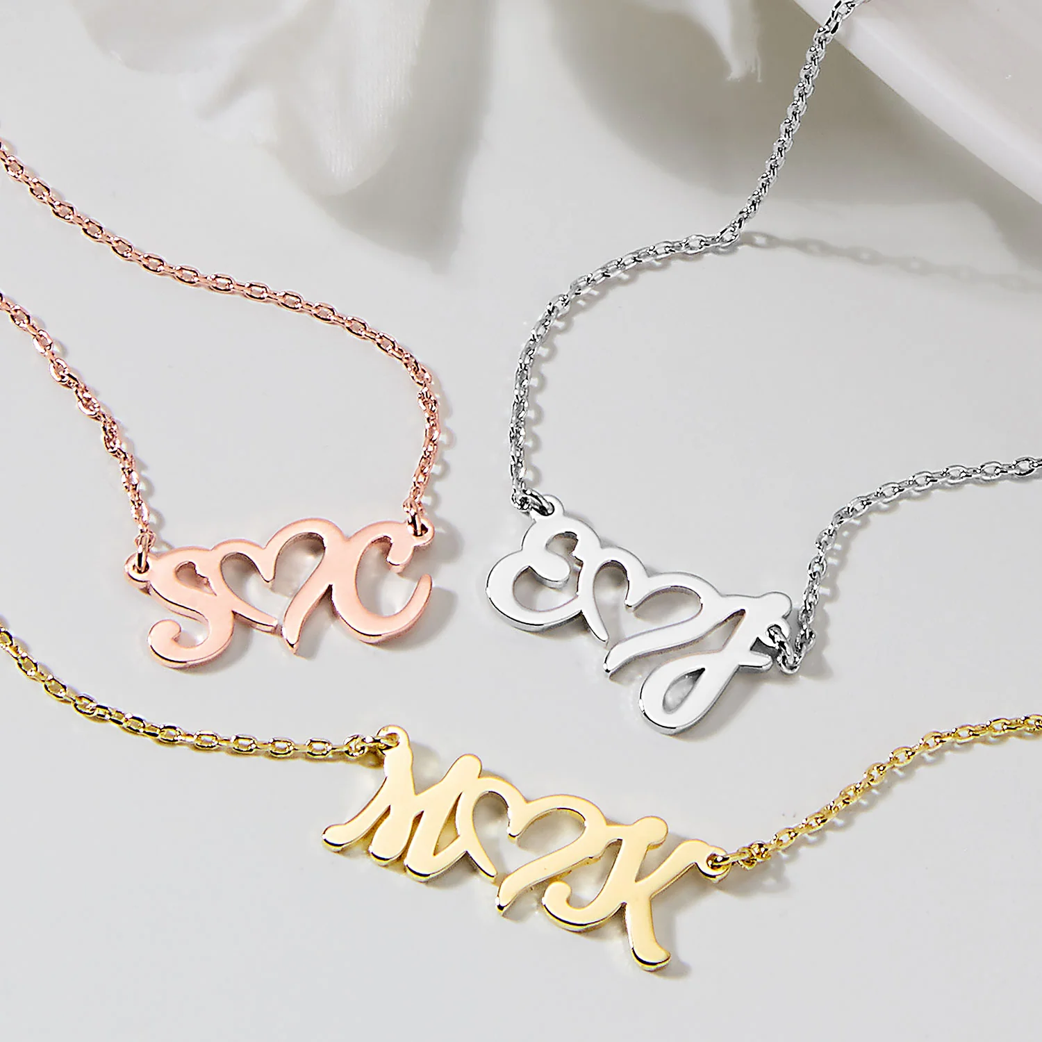 Sterling Silver Double Initials with Heart Pendant Necklace