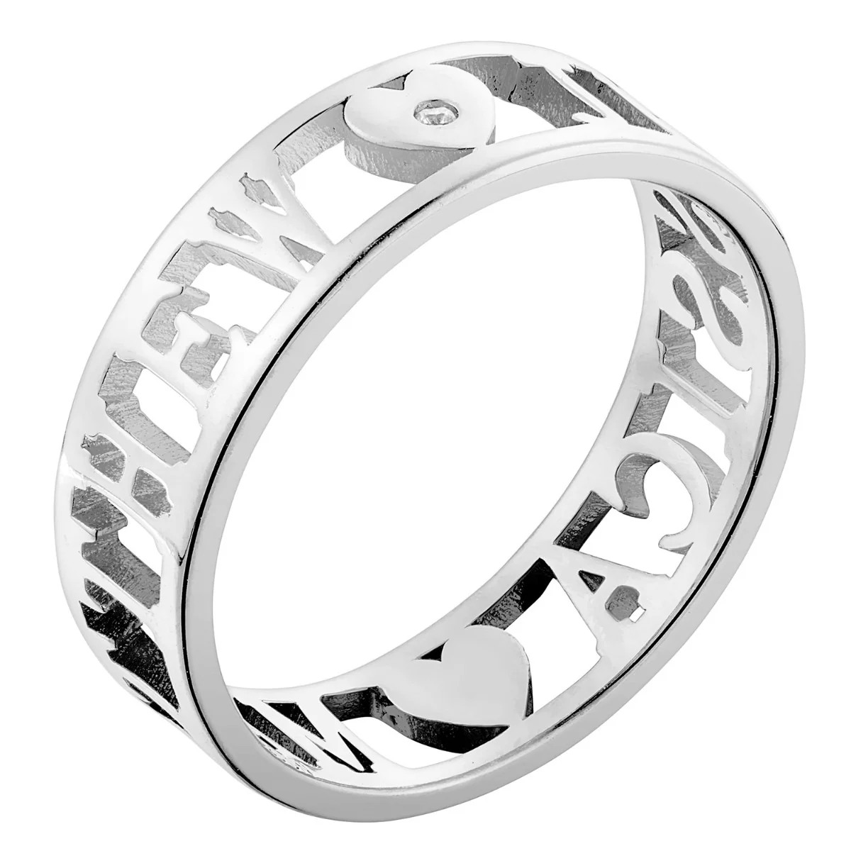 Sterling Silver Double Name with Hearts and CZ Band Ring - Image 2