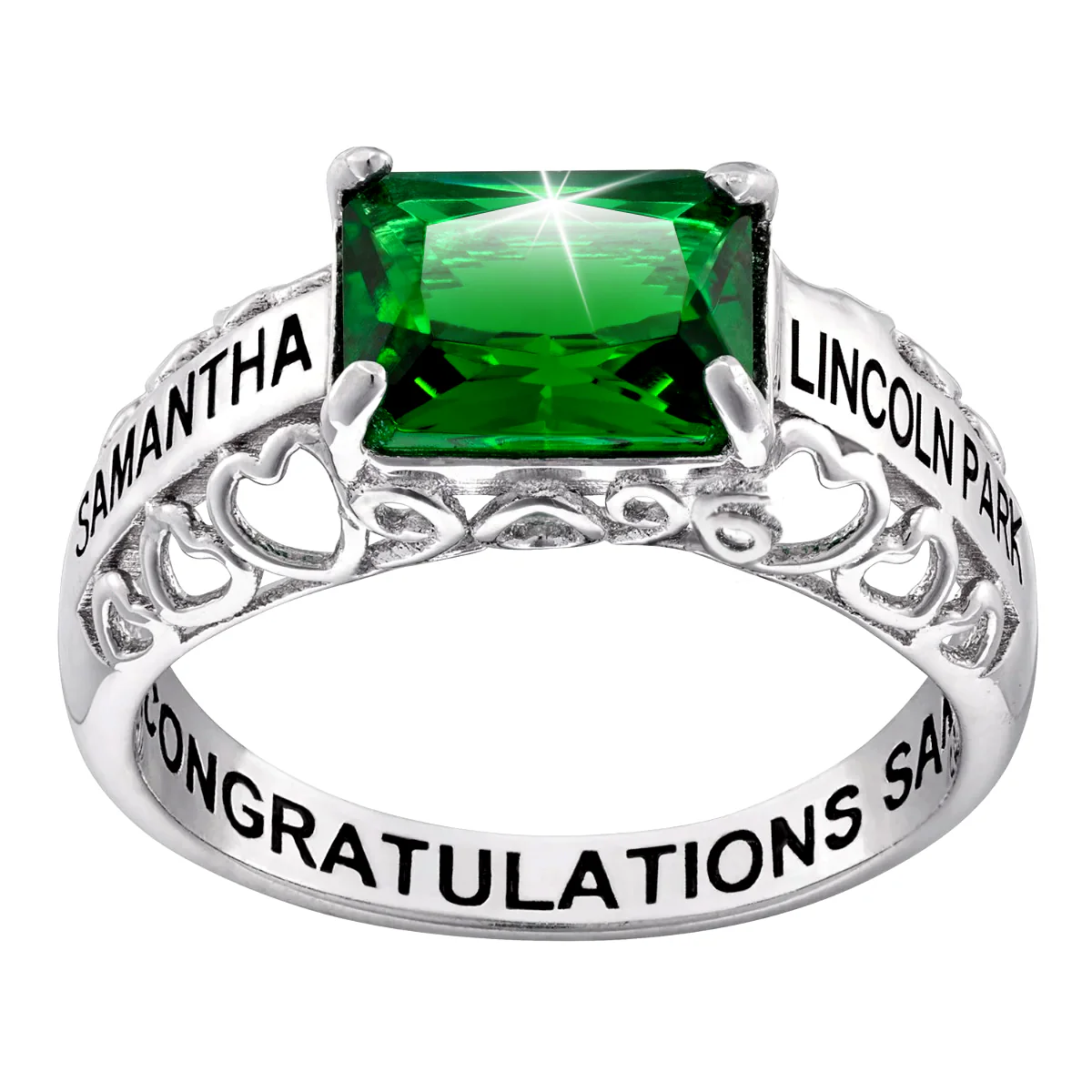 Sterling Silver Emerald-cut Birthstone Class Ring With Filigree Hidden Year