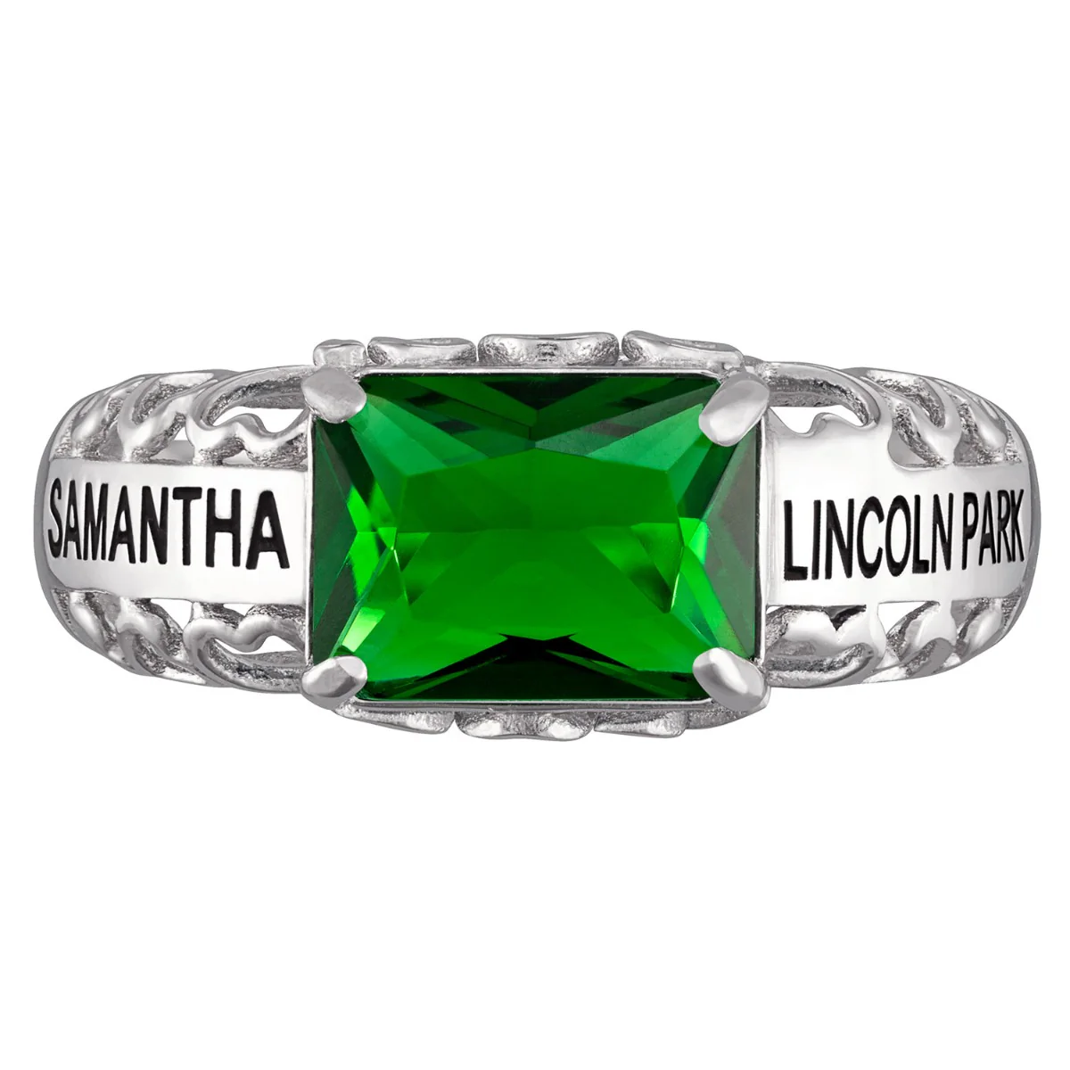 Sterling Silver Emerald-cut Birthstone Class Ring With Filigree Hidden Year - Image 3