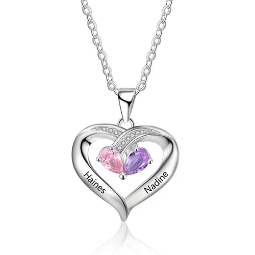 Sterling Silver Engraved Birthstone and CZ Heart Necklace