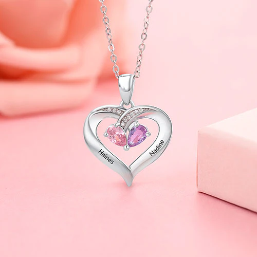 Sterling Silver Engraved Birthstone and CZ Heart Necklace - Image 2