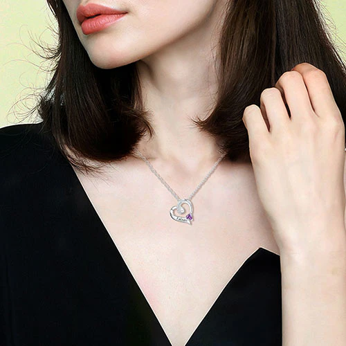 Sterling Silver Engraved Birthstone and CZ Heart Necklace - Image 2