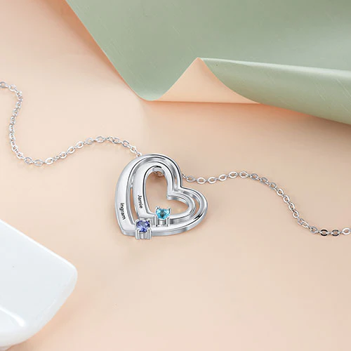 Sterling Silver Engraved Birthstone Double Heart Necklace - Image 2