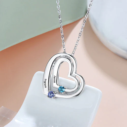 Sterling Silver Engraved Birthstone Double Heart Necklace - Image 3