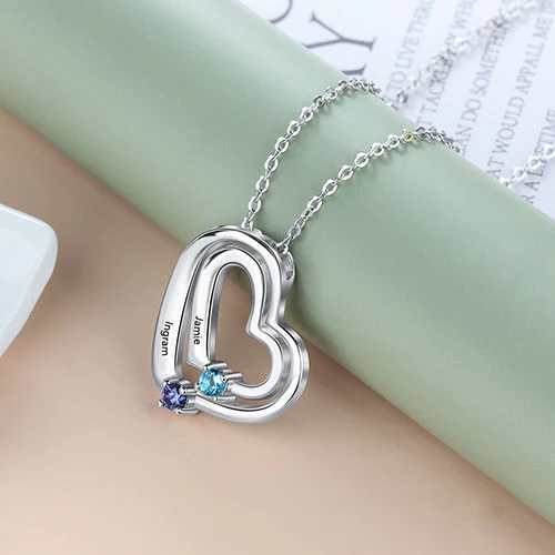 Sterling Silver Engraved Birthstone Double Heart Necklace - Image 4