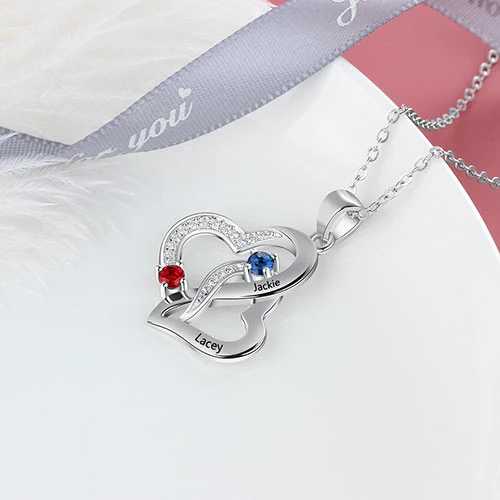 Sterling Silver Engraved Birthstone Double Heart with CZ  Necklace - Image 3